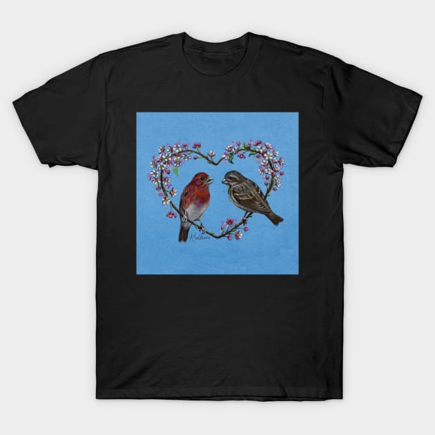 Finch Heart with Pink Blossoms T-Shirt by AnimalWhimsy